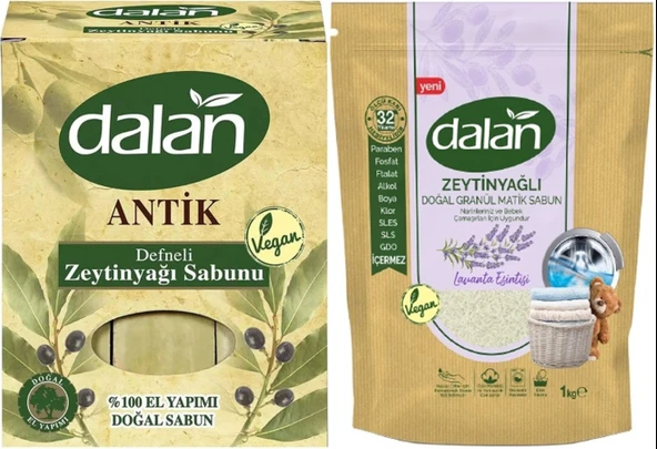 Dalan Antik Defneli Zeytinyağı Sabunu 900GR Klasik & Granül Sabun Tozu Lavantalı 1KG Karma 2Li Set
