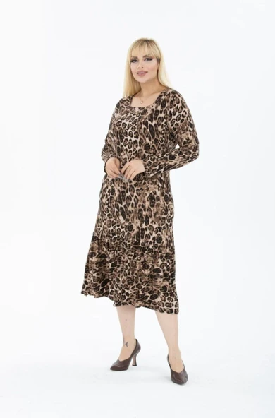 Kadın Büyük Beden Siyah Vizon Leopar Desen Midi Elbise - 3