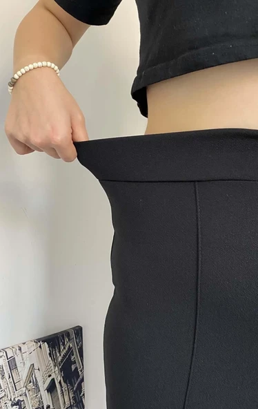 Kadın  Krep Kumaş Dar Paça Beli Lastikli Siyah Çizgi Detaylı  Pantolon - 6