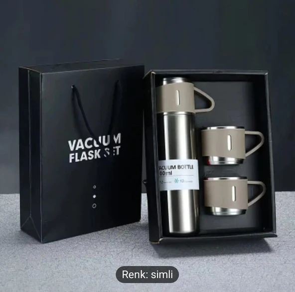 Portex Portex Hediyelik 3 Bardaklı Çelik Termos Seti 500 Ml. Vacuum Flask Set Karton Çantalı - Simli - 2