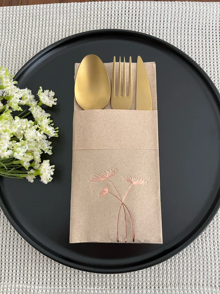 Rose Gold Yaldızlı Kraft Cepli Havuç Çiçeği Kağıt Peçete 12 Adet