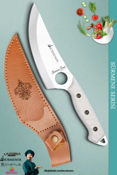 Sürmene Serisi Outdoor Bıçak Kamp Bıçağı Mutfak Şef Bıçak Bıçağı Deri Kılıflı Beyaz (Out-001)