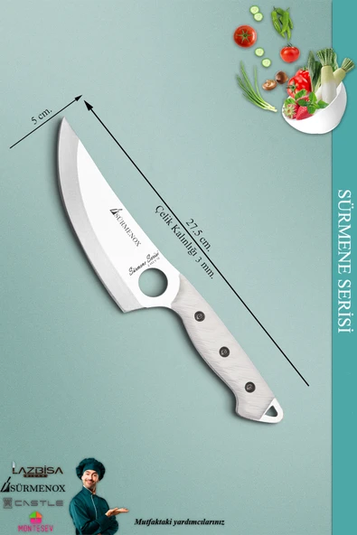 Sürmene Serisi Outdoor Bıçak Kamp Bıçağı Mutfak Şef Bıçak Bıçağı Deri Kılıflı Beyaz (Out-001) - 3