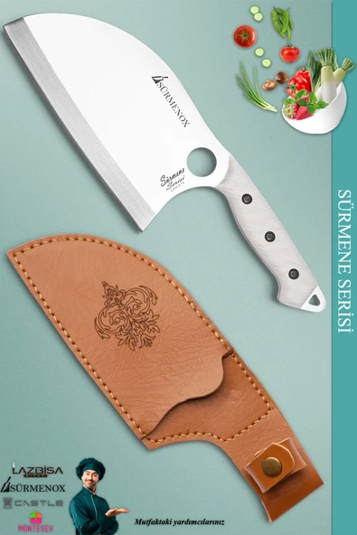 Sürmene Serisi Outdoor Bıçak Kamp Bıçağı Mutfak Şef Bıçak Bıçağı Deri Kılıflı Beyaz (Out-002)