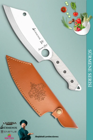 Sürmene Serisi Outdoor Bıçak Kamp Bıçağı Mutfak Şef Bıçak Bıçağı Deri Kılıflı Beyaz (Out-003)