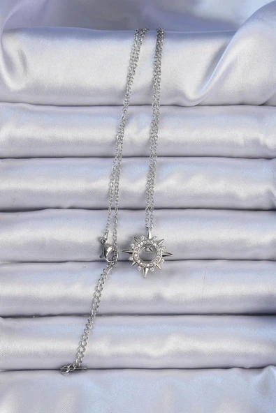 316L Çelik Zincir Gümüş Renk Zirkon Taşlı Parlayan Yıldız Kolye - TJ-BKO9084 - Resim 2