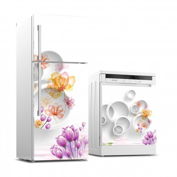 Buzdolabı ve Bulaşık Makinası Beyaz Eşya Sticker Kaplama 3D Beyaz Daire Çiçek