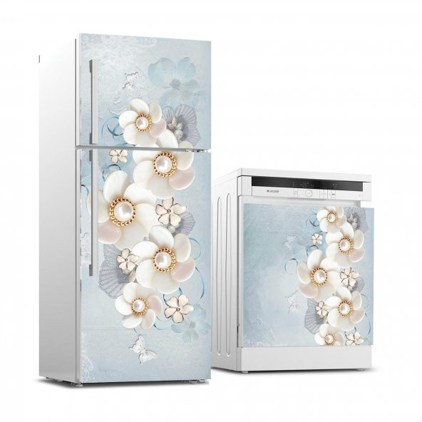 Buzdolabı ve Bulaşık Makinası Beyaz Eşya Sticker Kaplama 3D Beyaz Çiçekler