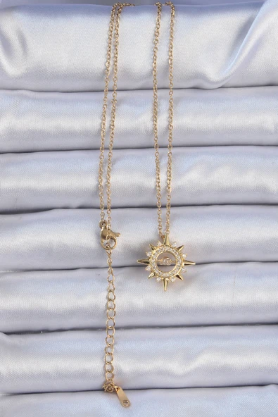 316L Çelik Zincir Altın Renk Zirkon Taşlı Parlayan Yıldız Kolye - TJ-BKO9083 - Resim 2