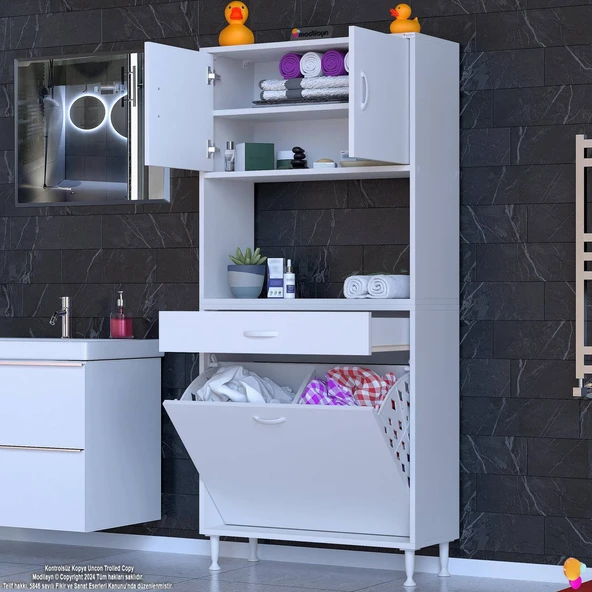 Modilayn ARDA 80x173x32,5 cm 1 Çekmece 2 Göz Sepetli ve 3 Raf Akıllı Dolap ile Dağınıklığa Son - Resim 2