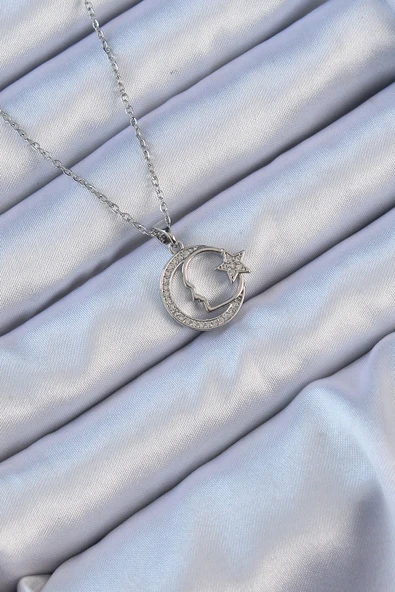 316L Çelik Zincir Gümüş Renk Zirkon Taşlı Ay Yıldız Simgeli Atatürk Kolye - TJ-BKO9118 ürün görseli 1