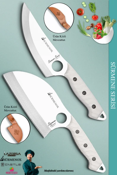 Sürmene Serisi Outdoor Bıçak Kamp Bıçağı Mutfak Şef Bıçak Bıçağı Deri Kılıflı 2 Li Set (Out-006)