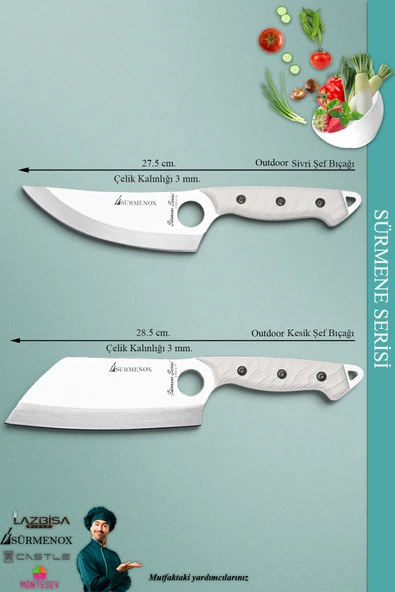 Sürmene Serisi Outdoor Bıçak Kamp Bıçağı Mutfak Şef Bıçak Bıçağı Deri Kılıflı 2 Li Set (Out-008) - 3