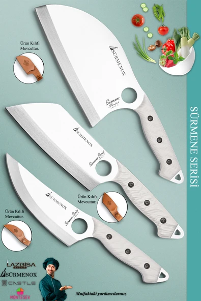Sürmene Serisi Outdoor Bıçak Kamp Bıçağı Mutfak Şef Bıçak Bıçağı Deri Kılıflı 3 Lü Set (Out-010)