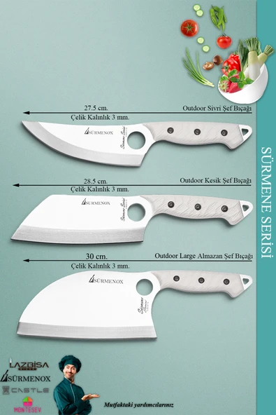 Sürmene Serisi Outdoor Bıçak Kamp Bıçağı Mutfak Şef Bıçak Bıçağı Deri Kılıflı 3 Lü Set (Out-010) - 3