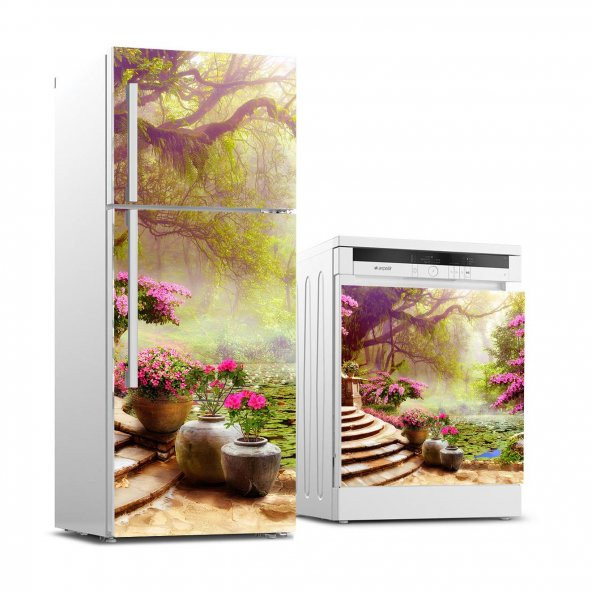 Buzdolabı ve Bulaşık Makinası Beyaz Eşya Sticker Kaplama 3D Bahçe