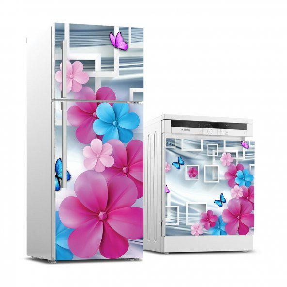 Buzdolabı ve Bulaşık Makinası Beyaz Eşya Sticker Kaplama 3D Çiçek Çizim