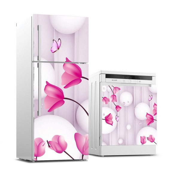 Buzdolabı ve Bulaşık Makinası Beyaz Eşya Sticker Kaplama 3D Çiçek Kelebek