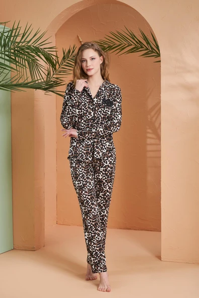Pjs 27064 Kadın Leopar Desenli Boydan Düğmeli Uzun Kollu Pijama Takım - 1