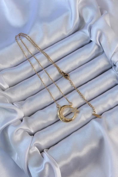 316L Çelik Zincir Altın Renk Zirkon Taşlı Motifli Ay Yıldız Kolye - TJ-BKO9115 - 2