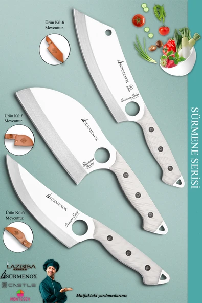 Sürmene Serisi Outdoor Bıçak Kamp Bıçağı Mutfak Şef Bıçak Bıçağı Deri Kılıflı 3 Lü Set (Out-009)