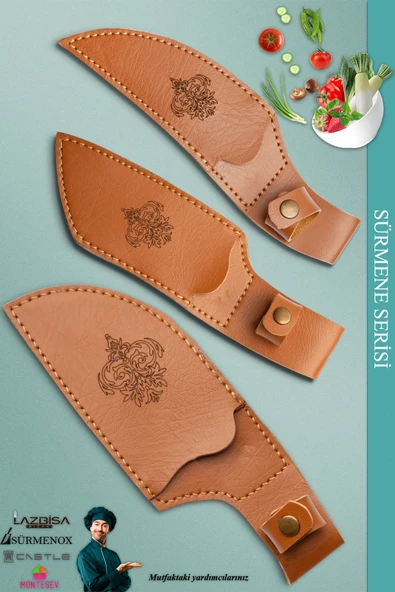 Sürmene Serisi Outdoor Bıçak Kamp Bıçağı Mutfak Şef Bıçak Bıçağı Deri Kılıflı 3 Lü Set (Out-010) - 2
