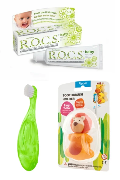 Rocs Baby Komple Ağız Bakım Seti - Bebek Diş Macunu + Bebek Diş Fırçası + Flipper Aslan Saklama Kabı