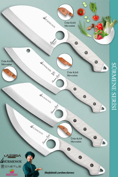 Sürmene Serisi Outdoor Bıçak Kamp Bıçağı Mutfak Şef Bıçak Bıçağı Deri Kılıflı 4 Lü Set (Out-011)