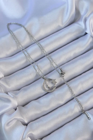 316L Çelik Zincir Gümüş Renk Zirkon Taşlı Ay Yıldız Simgeli Atatürk Kolye - TJ-BKO9118 - Resim 2