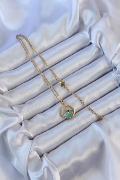 316L Çelik Zincir Altın Renk Zirkon Taşlı Deniz Görünüm Kutup Yıldızı Kolye - TJ-BKO9113 - Resim 2