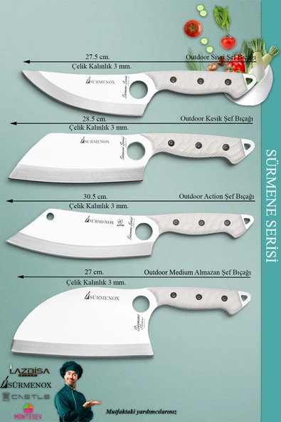 Sürmene Serisi Outdoor Bıçak Kamp Bıçağı Mutfak Şef Bıçak Bıçağı Deri Kılıflı 4 Lü Set (Out-011) - 3