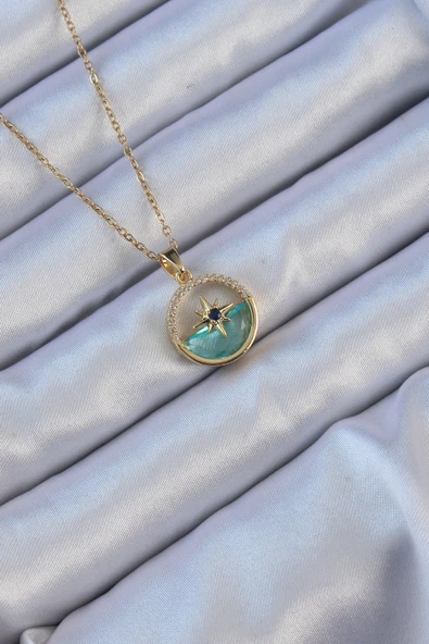 316L Çelik Zincir Altın Renk Zirkon Taşlı Deniz Görünüm Kutup Yıldızı Kolye - TJ-BKO9113 ürün görseli 1