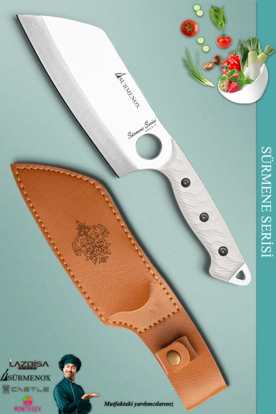 Sürmene Serisi Outdoor Bıçak Kamp Bıçağı Mutfak Şef Bıçak Bıçağı Deri Kılıflı Beyaz (Out-005)