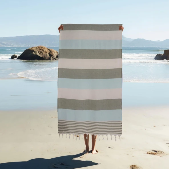 Homedius %100 Pamuk American Desenli Püsküllü Peştemal Banyo Plaj Havlusu - 100x180 cm  Yeşil 100x180