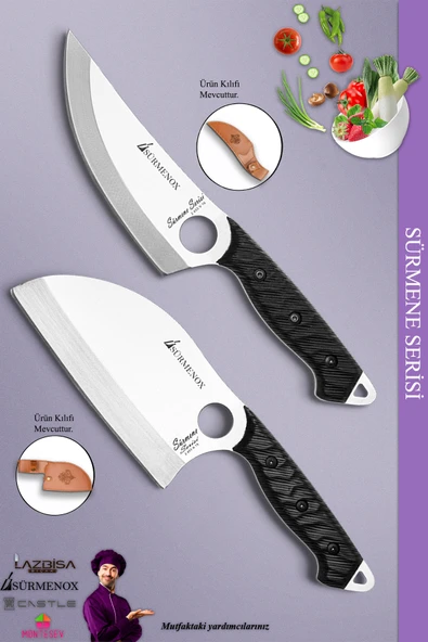 Sürmene Serisi Outdoor Bıçak Kamp Bıçağı Mutfak Şef Bıçak Bıçağı Deri Kılıflı 2 Li Set (Out-018)