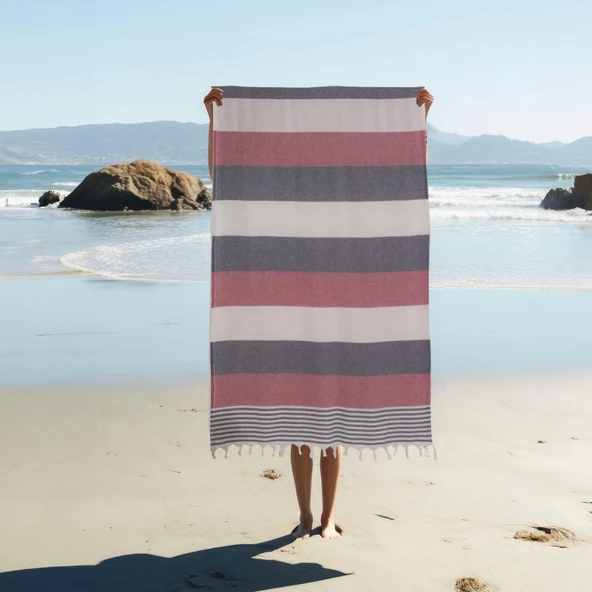 Homedius %100 Pamuk American Desenli Püsküllü Peştemal Banyo Plaj Havlusu - 100x180 cm  Kırmızı 100x180