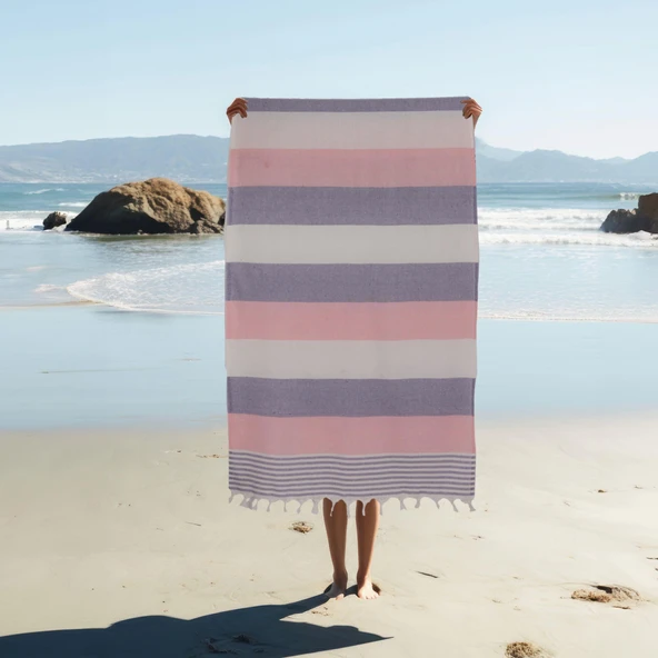 Homedius %100 Pamuk American Desenli Püsküllü Peştemal Banyo Plaj Havlusu - 100x180 cm  100x180 Turkuaz - Resim 8