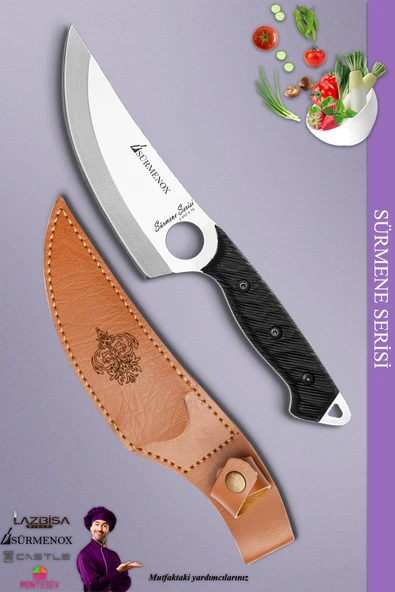 Sürmene Serisi Outdoor Bıçak Kamp Bıçağı Mutfak Şef Bıçak Bıçağı Deri Kılıflı Siyah (Out-013)
