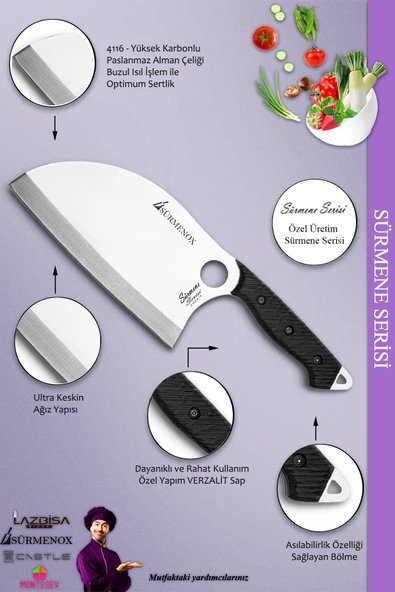 Sürmene Serisi Outdoor Bıçak Kamp Bıçağı Mutfak Şef Bıçak Bıçağı Deri Kılıflı Siyah (Out-014) - 4