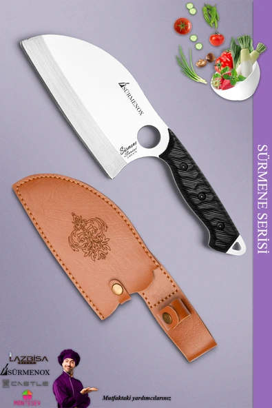 Sürmene Serisi Outdoor Bıçak Kamp Bıçağı Mutfak Şef Bıçak Bıçağı Deri Kılıflı Siyah (Out-016)