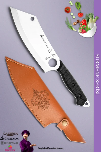 Sürmene Serisi Outdoor Bıçak Kamp Bıçağı Mutfak Şef Bıçak Bıçağı Deri Kılıflı Siyah (Out-015)