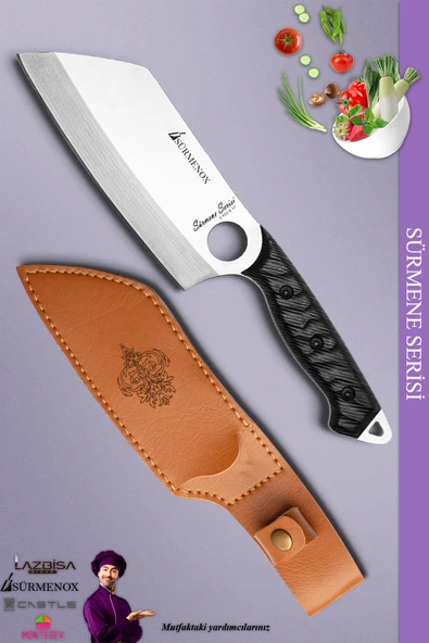 Sürmene Serisi Outdoor Bıçak Kamp Bıçağı Mutfak Şef Bıçak Bıçağı Deri Kılıflı Siyah (Out-017)