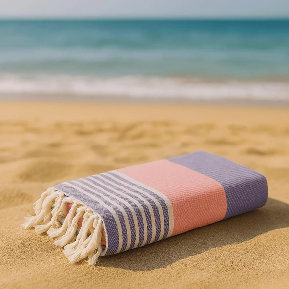 Homedius %100 Pamuk American Desenli Püsküllü Peştemal Banyo Plaj Havlusu - 100x180 cm  Somon 100x180 - 5