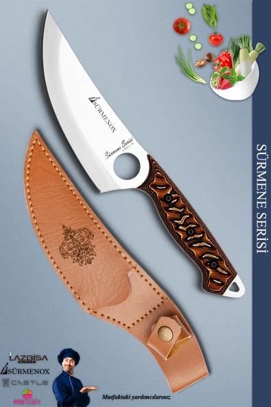 Sürmene Serisi Outdoor Bıçak Kamp Bıçağı Mutfak Şef Bıçak Bıçağı Deri Kılıflı Kahverengi (Out-025)