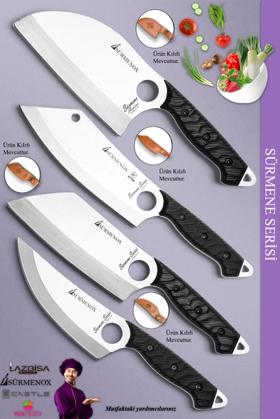 Sürmene Serisi Outdoor Bıçak Kamp Bıçağı Mutfak Şef Bıçak Bıçağı Deri Kılıflı 4 Lü Set (Out-023)