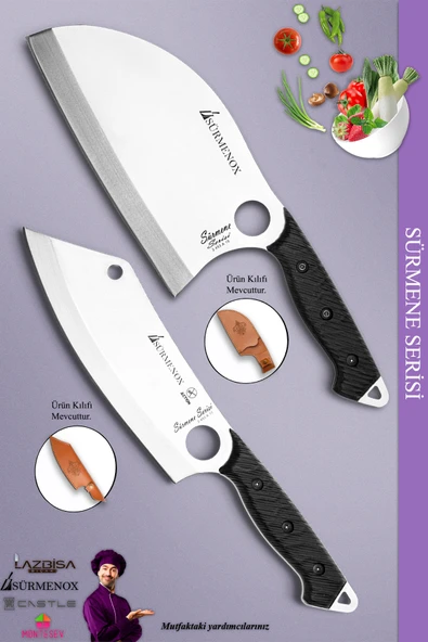 Sürmene Serisi Outdoor Bıçak Kamp Bıçağı Mutfak Şef Bıçak Bıçağı Deri Kılıflı 2 Li Set (Out-019)