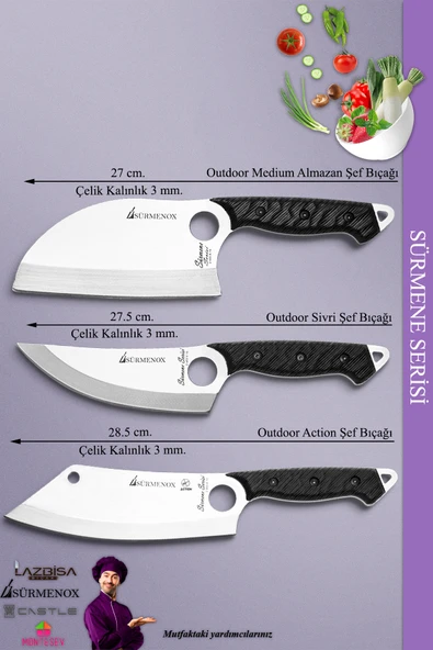 Sürmene Serisi Outdoor Bıçak Kamp Bıçağı Mutfak Şef Bıçak Bıçağı Deri Kılıflı 3 Lü Set (OUT-021) - 3