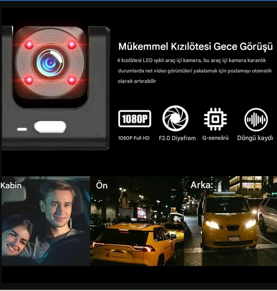 QASUL 3 Kameralı  2 inç Lcd Ekranlı Gece Görüşlü G-sensör Geri Görüş  Güvenlik Kamerası - 7