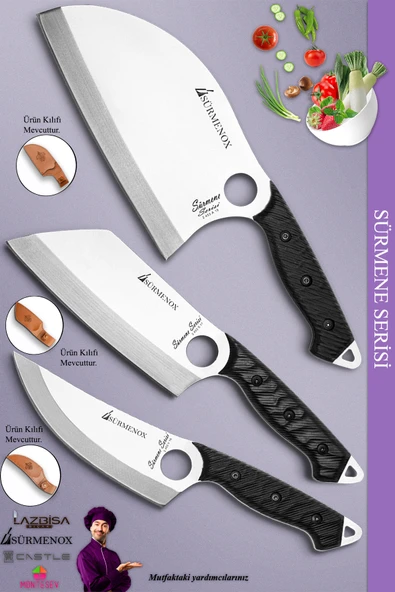 Sürmene Serisi Outdoor Bıçak Kamp Bıçağı Mutfak Şef Bıçak Bıçağı Deri Kılıflı 3 Lü Set (Out-022)