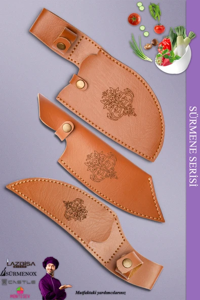 Sürmene Serisi Outdoor Bıçak Kamp Bıçağı Mutfak Şef Bıçak Bıçağı Deri Kılıflı 3 Lü Set (OUT-021) - 2